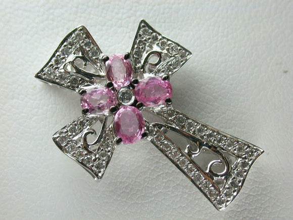 18K White Gold Pink Sapphire Diamond Cross Pendant