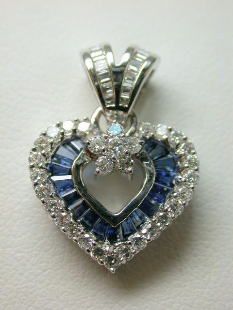 18K White Gold Sapphire Diamond Heart Pendant