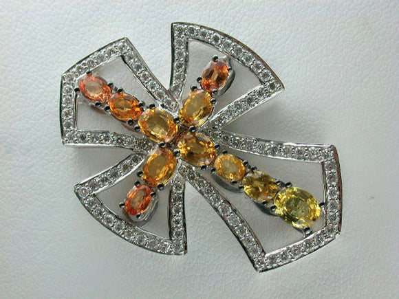 18K White Gold Orange Sapphire Diamond Cross Pendant